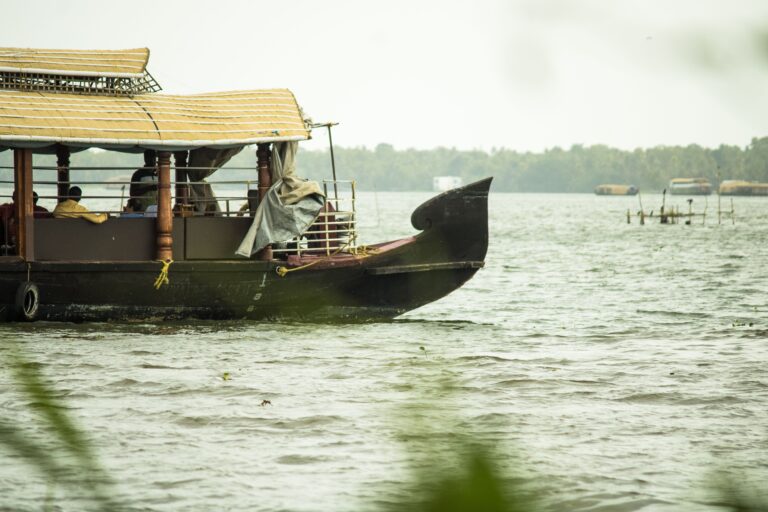 A close-up view of a traditional houseboat floating on a serene waterway, ideal for travel themes.