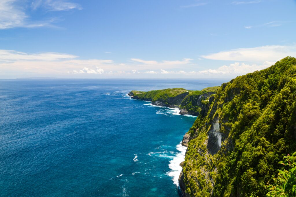 Breathtaking view of lush cliffs meeting blue ocean waters in Bali, Indonesia.